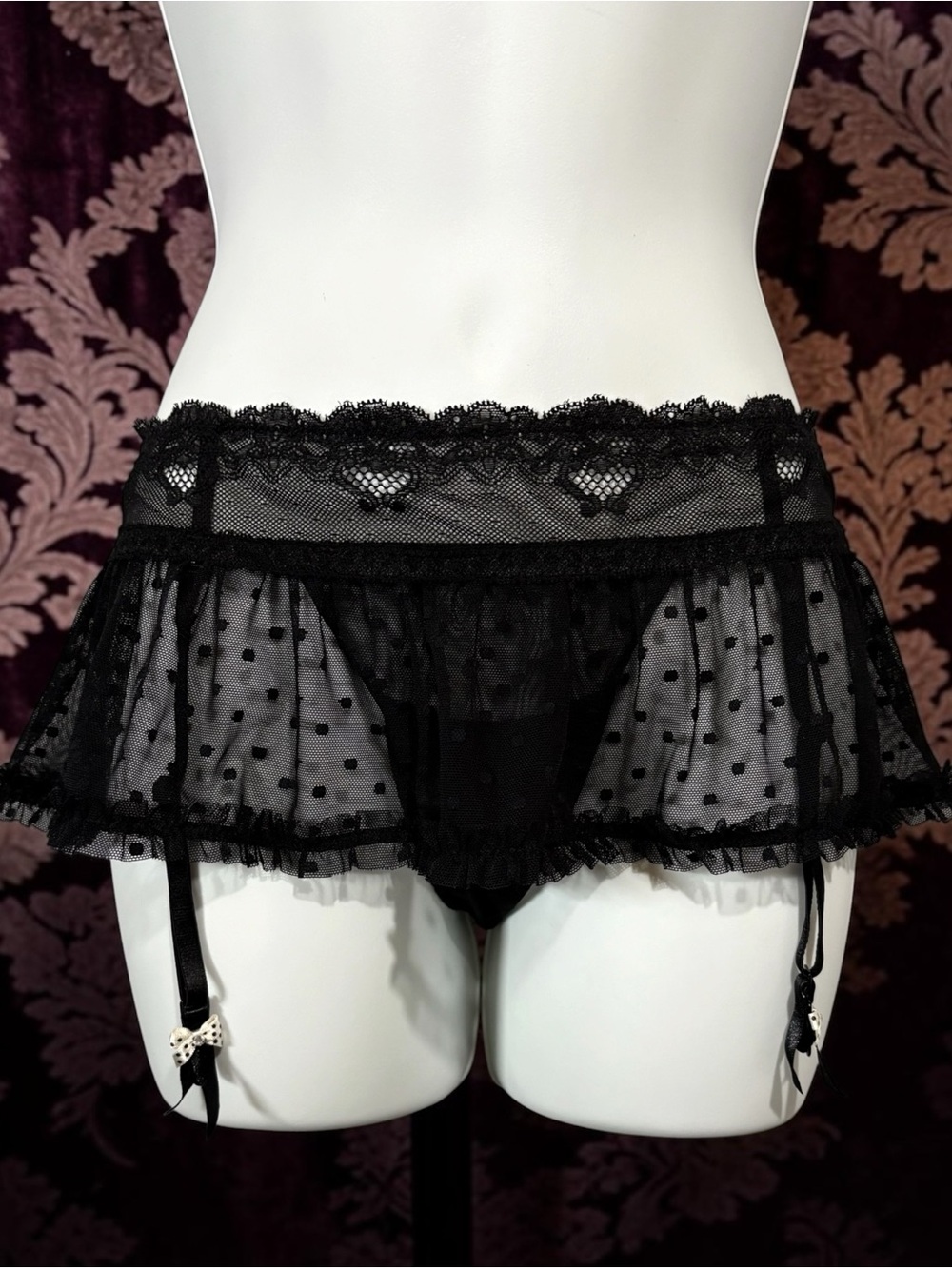 JACOB, Black Lace Polka Dot Garter Skirt Panty, Size XS, Lingerie